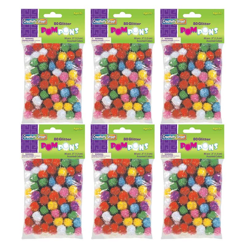 (6 PK) GLITTER POM POMS 1/2IN