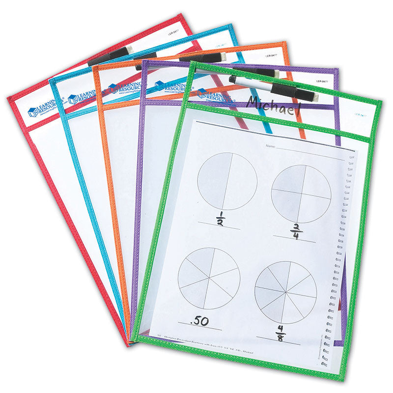 WRITE & WIPE POCKETS W/MARKERS 5/PK