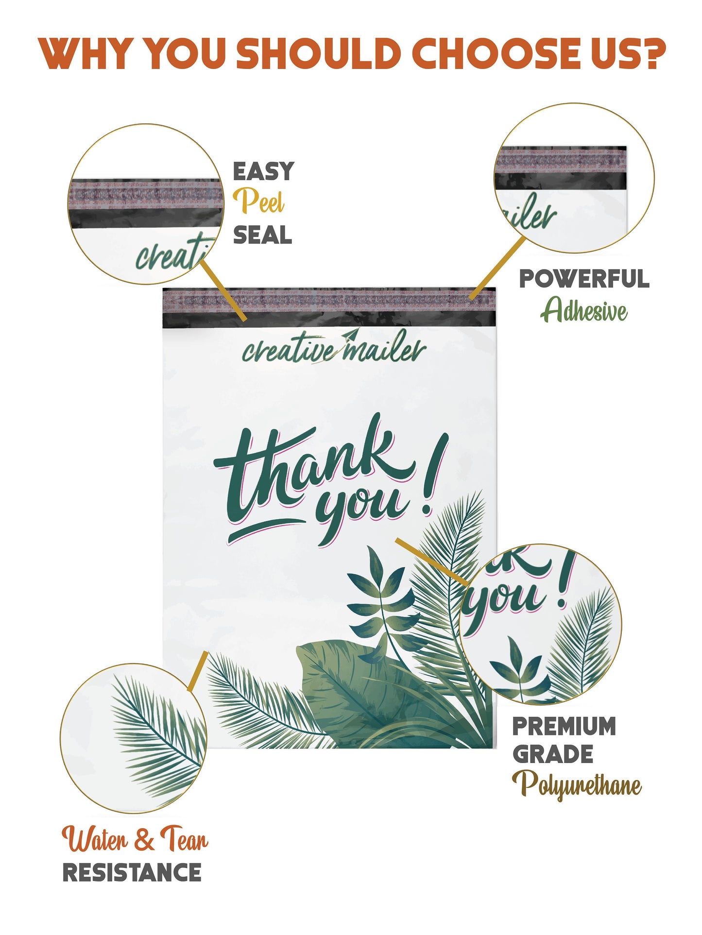 Poly Mailers 100 pcs 10x13 inch, Thank You Tropical Leaves Packaging Bags with Self Adhesive Strip 2.35 Mil Durable Mailing Envelopes for Shipping Multipurpose, Waterproof and Tear Proof