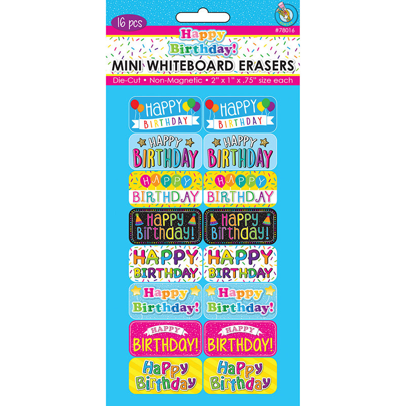 H BIRTHDAY MINI WBOARD ERASER 16/PK