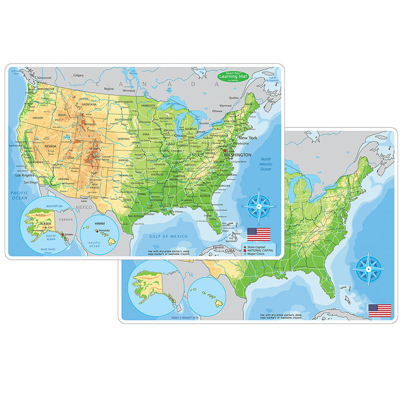 US MAP PHYSICL LEARNING MAT 2 SIDED