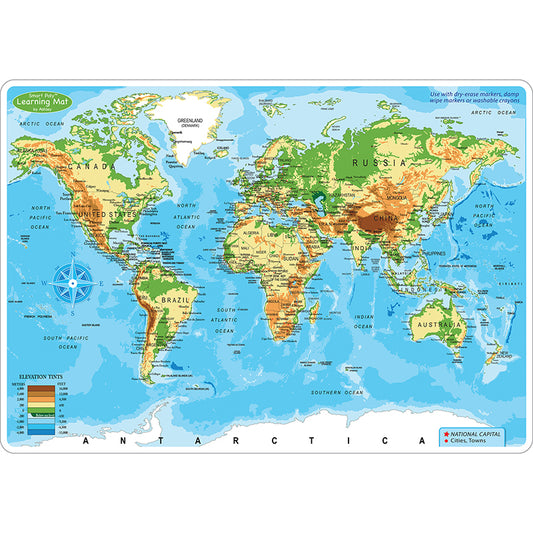 WORLD MAP PHYSICAL LEARN MAT 2 SIDE