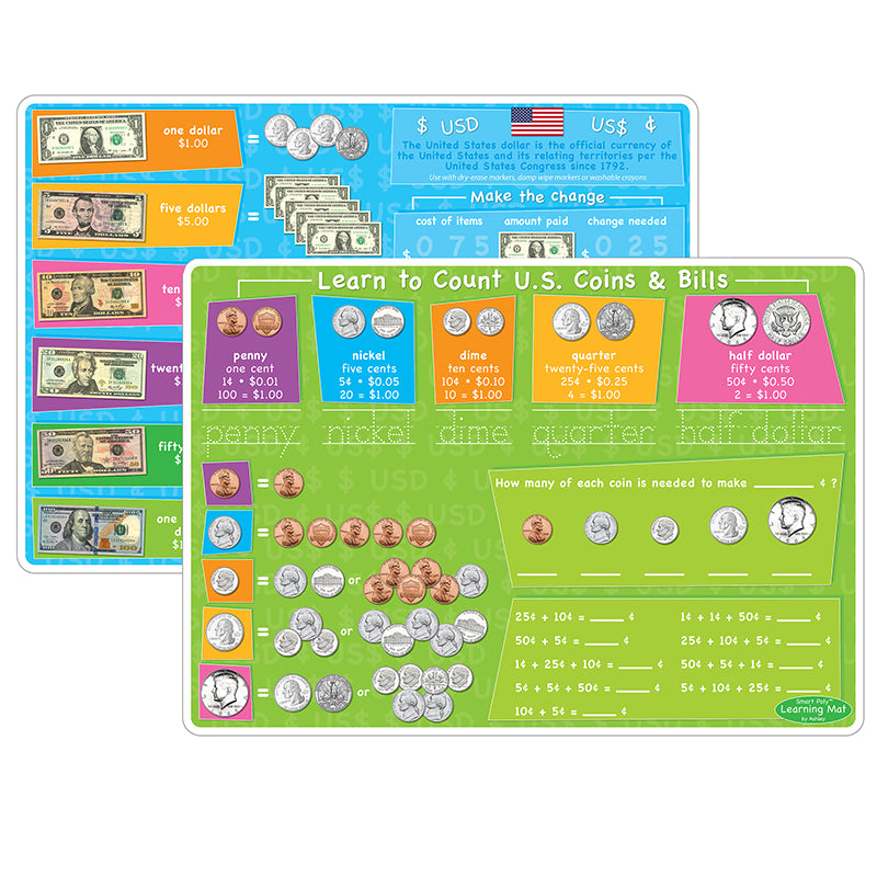 US MONEY&COINS LEARNING MAT 2 SIDED