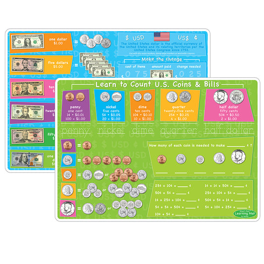 US MONEY&COINS LEARNING MAT 2 SIDED