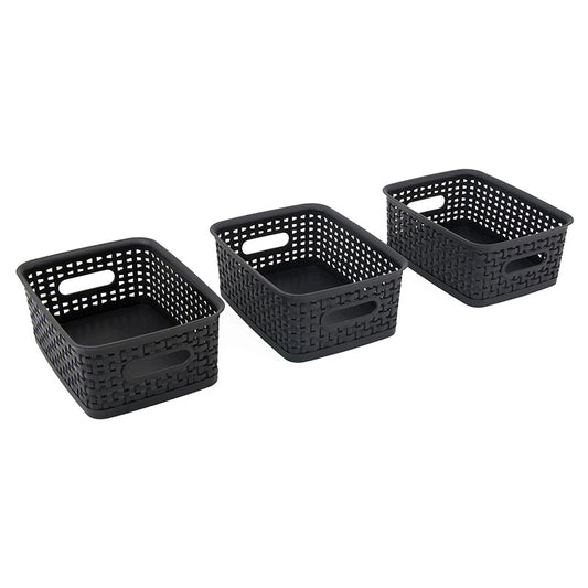 3PK SMALL BLACK PLASTIC WEAVE BINS