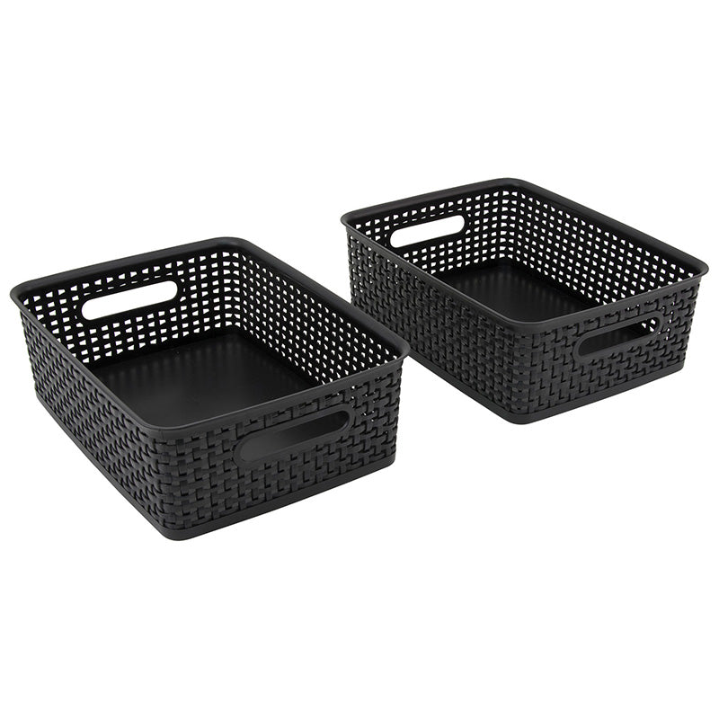 2PK BLACK PLASTIC WEAVE BINS MEDIUM