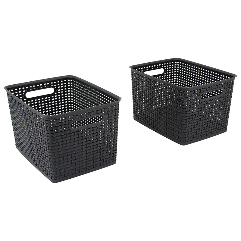 2PK LARGE BLACK PLASTIC WEAVE BINS