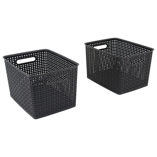 2PK LARGE BLACK PLASTIC WEAVE BINS