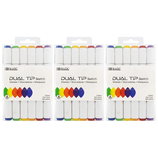 (3 PK) 6 PRIMARY COLR 2TIP MARKERS