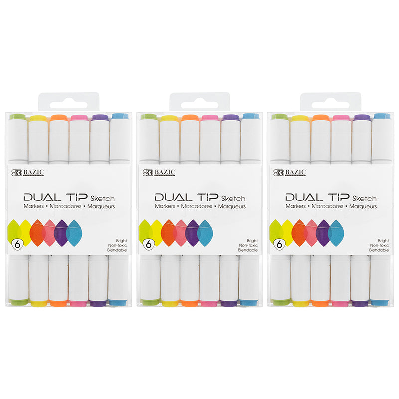 (3 PK) 6 FLUOR COLR 2TIP MARKERS