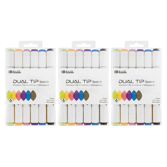 (3 PK) 6 PASTEL DUAL TIP MARKER