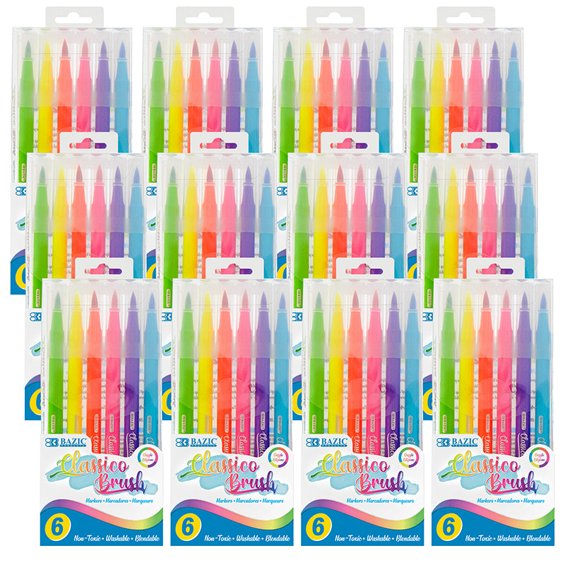 (12 PK) 6 FLUOR COLORS BRUSH MARKER