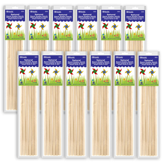 (12 PK) ROUND NATURAL WOODEN DOWEL