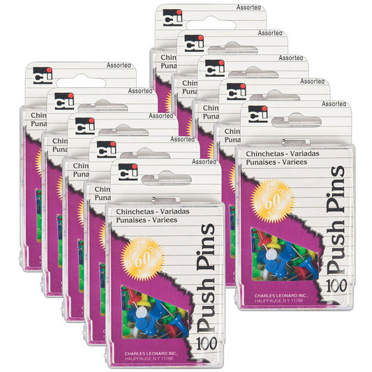 (10 BX) PUSH PINS ASSORTED COLORS