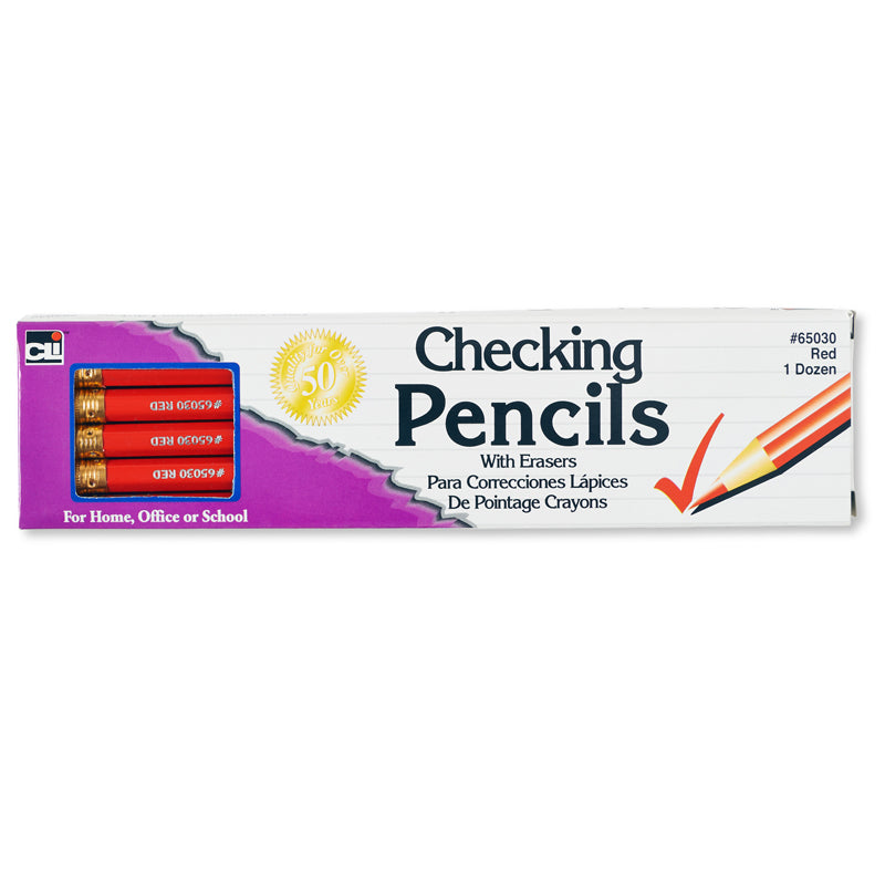 PENCIL CHECKING RED W/ERASER 12/BX