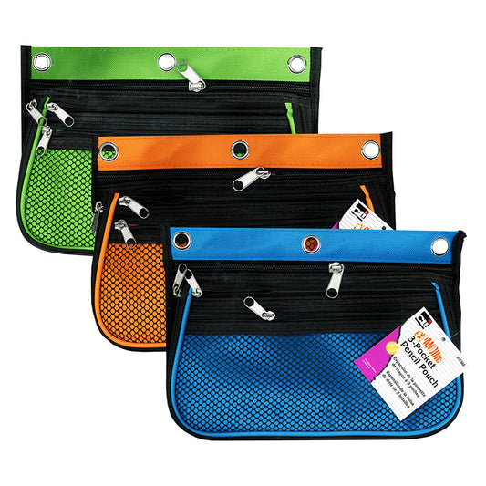 PENCIL POUCH 3-ASST COLOR ST 10X7IN