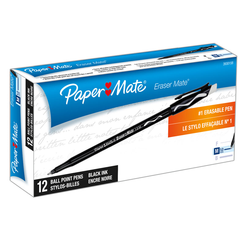 PAPERMATE ERASERMATE PEN BLACK 12CT