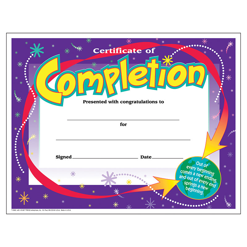 CERTIFICATE OF COMPLETION 30/PK