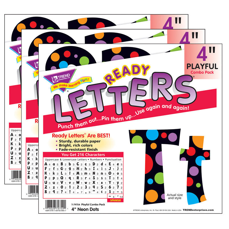 (3 PK) READY LETTERS 4IN NEON DOTS