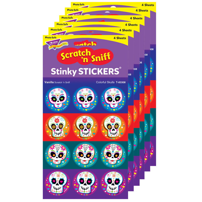 (6 PK) COLORFUL SKULLS/VANILLA