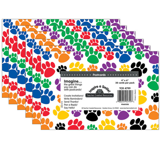 (6 PK) COLORFUL PAW PRINTS POSTCARD